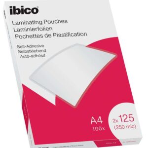 ibico caja de 100 laminas de plastificar autoadhesivas a4 125 micras acabado cristalino de alto brillo plastifica papel, fotos, tarjetas de visita color transparente