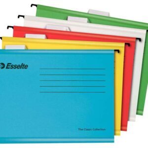 esselte classic pack de 10 carpetas colgantes reforzadas a4 visores de plastico transparente etiquetas blancas 100% carton kraft reciclado colores surtidos