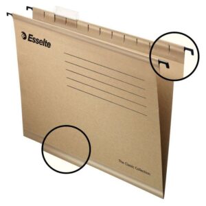 esselte classic pack de 50 carpetas colgantes reforzadas folio prolongado visores de plastico transparente etiquetas blancas 100% carton kraft reciclado color marron kraft