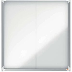 nobo vitrina interior para 12 hojas a4 con superficie magnetica y puerta deslizante 997x972x54mm superficie blanca metalica y magnetica de borrado en seco marco de aluminio puertas de cristal de seguridad color blanco