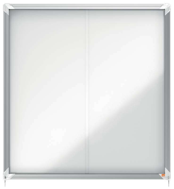 nobo vitrina interior para 12 hojas a4 con superficie magnetica y puerta deslizante 997x972x54mm superficie blanca metalica y magnetica de borrado en seco marco de aluminio puertas de cristal de seguridad color blanco