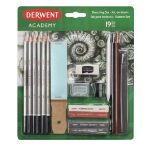 derwent academy sketching pack de 6 lapices de grafito de durezas surtidas, 2 bloques de grafito, 2 barras de dibujo sin madera, 2 pasteles (white/sanguine), 2 barras de carbon, 1 lija, 1 difumino, 1 sacapuntas, 1 goma de borrar y 1 goma moldeable