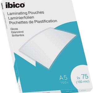 ibico caja de 100 laminas para plastificar gloss a5 75 micras acabado brillante plastifica papel, fotos, tarjetas de visita, recursos escolares y mas transparentes