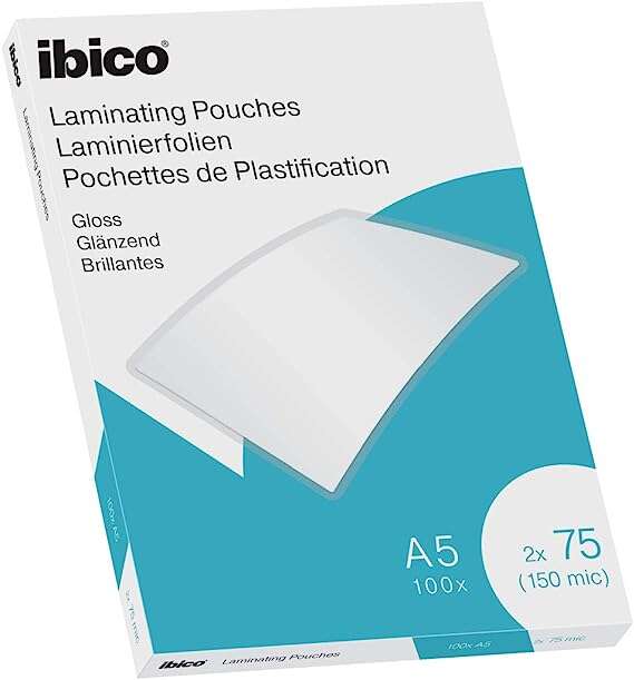ibico caja de 100 laminas para plastificar gloss a5 75 micras acabado brillante plastifica papel, fotos, tarjetas de visita, recursos escolares y mas transparentes