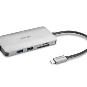 kensington hub 8 en 1 conexion usb c puertos: 3x usb 3.2, 1x usb c pd hasta 85w, 1x hdmi 2.0, lector sd y microsd color plata