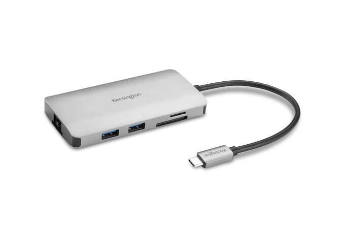 kensington hub 8 en 1 conexion usb c puertos: 3x usb 3.2, 1x usb c pd hasta 85w, 1x hdmi 2.0, lector sd y microsd color plata
