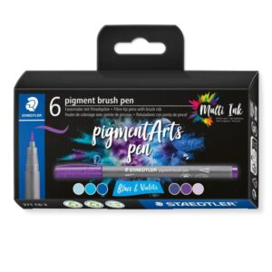 staedtler 371 pack de 6 rotuladores punta de pincel suave colores vivos y brillantes no amarillea con el paso del tiempo nueva tinta multi ink pigmentos de primera calidad colores azules/violetas surtidos