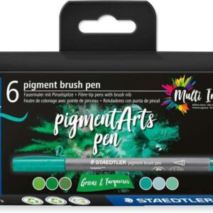 staedtler 371 pack de 6 rotuladores punta de pincel suave colores vivos y brillantes no amarillea con el paso del tiempo nueva tinta multi ink pigmentos de primera calidad colores verdes/turquesas surtidos