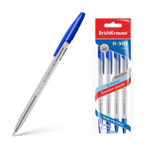 erichkrause pack de 4 boligrafos r 301 classic stick 1.0 cuerpo transparente hexagonal punta de 1.0mm tinta de secado rapido color azul