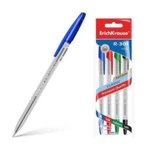 erichkrause r 301 pack de 4 boligrafos de bola punta 1.0mm trazo 0.5mm tinta de secado rapido cuerpo transparente capuchon ventilado colores azul, negro, rojo y verde