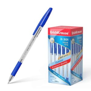 erichkrause r 301 stick&grip boligrafo de bola punta 1.0mm trazo 0.5mm agarre con grip de goma tinta de secado rapido cuerpo transparente capuchon ventilado color azul
