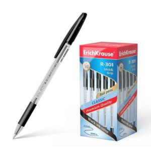 erichkrause r 301 stick&grip boligrafo de bola punta 1.0mm trazo 0.5mm agarre con grip de goma tinta de secado rapido cuerpo transparente capuchon ventilado color negro