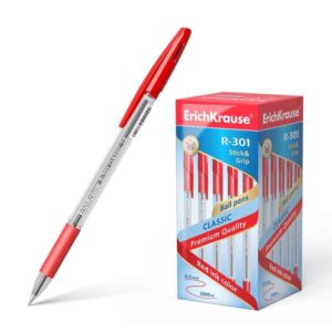 erichkrause r 301 stick&grip boligrafo de bola punta 1.0mm trazo 0.5mm agarre con grip de goma tinta de secado rapido cuerpo transparente capuchon ventilado color rojo