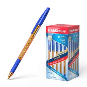erichkrause r 301 amber stick&grip boligrafo de bola punta 0.7mm trazo 0.35mm agarre con grip de goma tinta de secado rapido cuerpo naranja transparente capuchon ventilado color azul