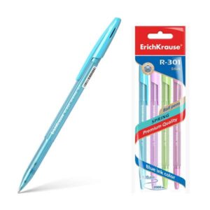 erichkrause pack de 4 boligrafos r 301 spring stick 0.7 cuerpo hexagonal translucido tinta de secado rapido color azul