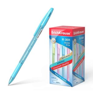 erichkrause boligrafo r 301 spring stick&grip 0.7 cuerpo hexagonal translucido zona de agarre de goma contorneada punta de 0.7mm tinta de secado rapido color azul