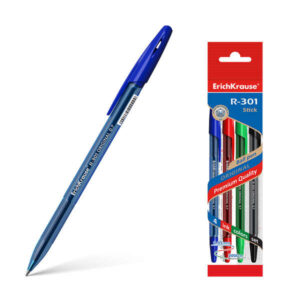 erichkrause pack de 4 boligrafos r 301 original stick 07 punta de 07mm tinta de secado rapido cuerpo hexagonal con grip color azul