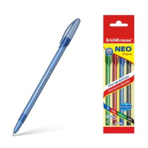 erichkrause pack de 4 boligrafos neo original punta de aguja sofisticada fine tip cuerpo redondo translucido mate tinta en colores azul, negro, rojo, verde color del cuerpo coincide con la tinta