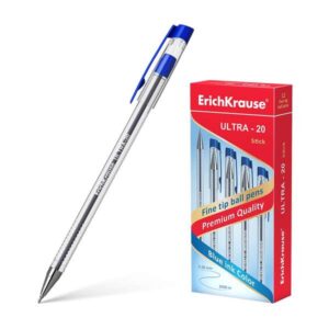 erichkrause boligrafo ultra 20 punta metalica de tipo aguja cuerpo redondo transparente con grip tinta de baja viscosidad color azul