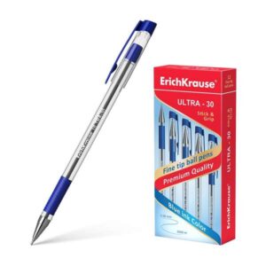 erichkrause boligrafo ultra 30 recargable con punta fina fine tip cuerpo transparente con agarre de goma tinta de secado rapido color azul