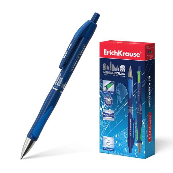 erichkrause boligrafo automatico megapolis concept cuerpo satinado redondo zona de agarre ergonomica punta de 5 canales tinta de secado rapido color azul