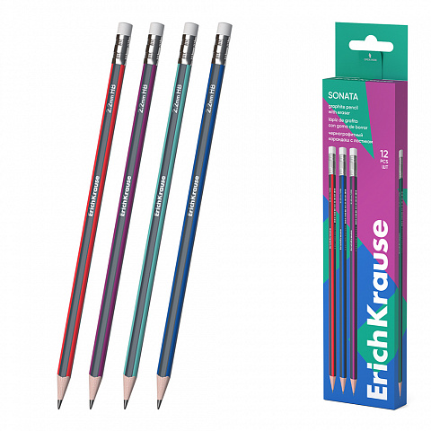 erichkrause sonata lapiz de grafito hb triangular con goma de borrar facil afilado no araña el papel madera seleccionada resistente al impacto cuerpo de colores surtidos