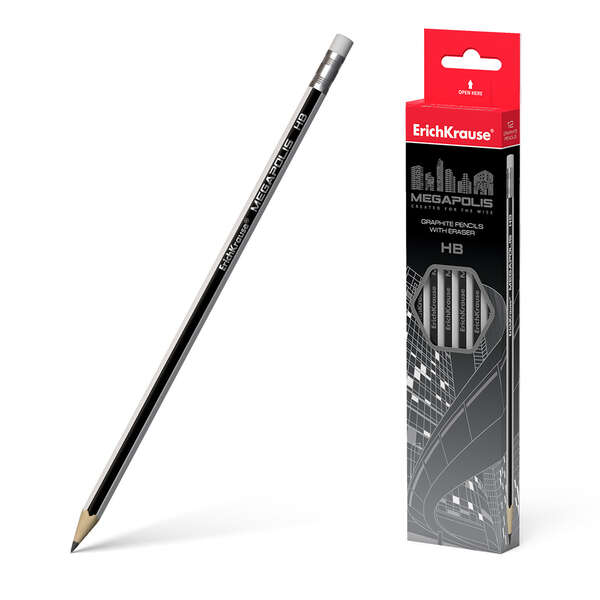 erichkrause lapiz de grafito hexagonal con goma de borrar megapolis hb madera seleccionada alta resistencia al impacto facil afilado caucho termoplastico hipoalergenico color negro