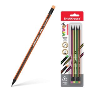 erichkrause vivo hb pack de 4 lapices de grafito triangular hb con goma de borrar del color del lapiz madera seleccionada resistente al impacto facil afilado cuerpo de colores surtidos