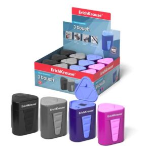 erichkrause sacapuntas de plastico 3 touch con deposito y tapa contenedor grande para virutas bordes de goma antideslizantes color surtido