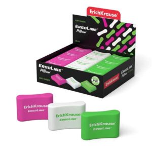 erichkrause ergoline pillow goma de borrar ergonomica fabricada de caucho termoplastico hipoalergenico sin pvc colores rosa, blanco y verde