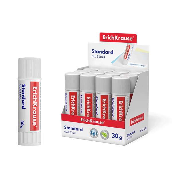 erichkrause standard pegamento en barra 30gr pegado rapido y confiable facil de aclarar con agua sin disolventes apto para papel, carton y fotografias color blanco