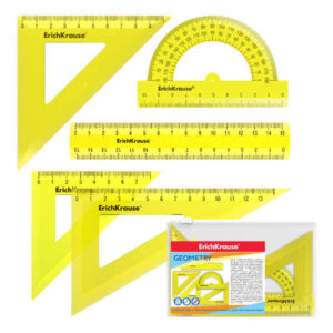 erichkrause pack de 5 reglas de dibujo regla de 15cm escuadra de 7cm/45º, 9cm/45º, 13cm/60º transportador de 180º/10cm color amarillo