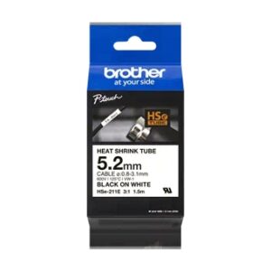brother hse211e cinta tubo termorretractil original de etiquetas para cables texto negro sobre fondo blanco ancho 5.2mm x 1.5 metros cable recomendado Ø 0.8mm a 3.1mm