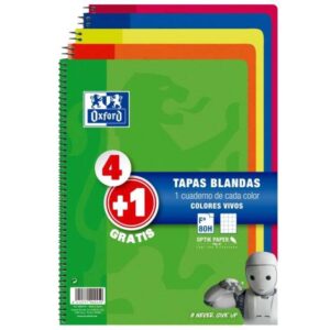 oxford pack 4+1 cuadernos espiral formato folio cuadriculado 4x4mm 80 hojas tapa blanda colores surtidos