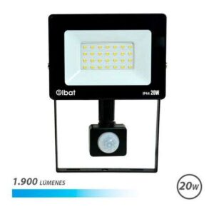 elbat foco led con sensor de movimiento potencia: 20w lumenes: 1900 luz fria 6.500k vida util: 30.000 50.000 horas angulo 120º proteccion ip44 distancia de deteccion: 5 a 12 metros