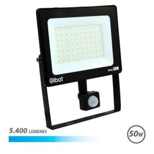elbat foco led de 50w potencia: 50w lumenes: 5400 sensor de movimiento 6.500k luz fria 30.000 50.000 horas de vida angulo 120º proteccion: ip44 distancia deteccion de movimiento: 5 a 12 metros