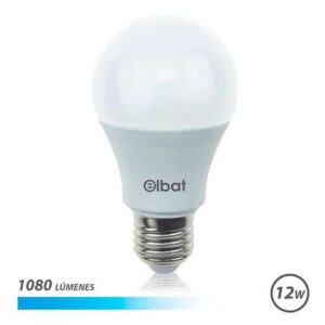 elbat bombilla led potencia 12w lumenes 1080 tipo de luz 6500k luz fria casquillo e27 angulo 220º dimensiones 60x120mm 30.000 horas de vida 15.000 encendidos color blanco