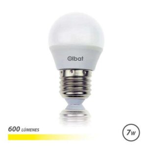 elbat bombilla led potencia: 7w lumenes: 600 tipo de luz: 3000k luz calida casquillo: e27 angulo: 220º dimensiones: 45x78mm 30.000 horas de vida 15.000 encendidos color blanco