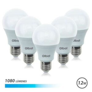 elbat pack 5 unidades potencia 12w lumenes 1080 tipo de luz 6500k luz fria casquillo e27 angulo 220º dimensiones 60x120mm 30.000 horas de vida 15.000 encendidos