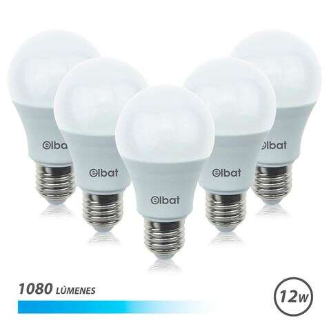 elbat pack 5 unidades potencia 12w lumenes 1080 tipo de luz 6500k luz fria casquillo e27 angulo 220º dimensiones 60x120mm 30.000 horas de vida 15.000 encendidos
