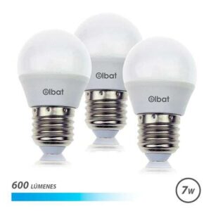 elbat pack 3 bombillas potencia 7w lumenes 600 tipo de luz 6500k luz fria casquillo e27 angulo 220º dimensiones 45x78mm 30.000 horas de vida 15.000 encendidos