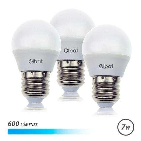 elbat pack 3 bombillas potencia 7w lumenes 600 tipo de luz 6500k luz fria casquillo e27 angulo 220º dimensiones 45x78mm 30.000 horas de vida 15.000 encendidos