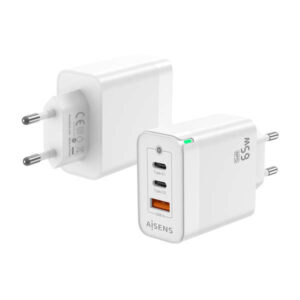 aisens cargador gan 65w 2xusb c pd3.0 qc4.0 1xusb a qc3.0 color blanco