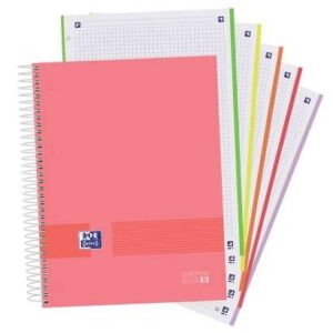 oxford europeanbook 5 oxford & you pack de 5 cuadernos espiral formato a4+ cuadriculado 5x5 120 hojas microperforadas con 4 taladros tapa extradura acabado mate 5 bandas de color colores claros surtidos