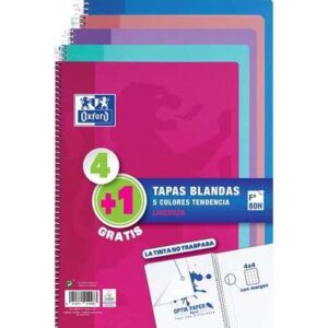 oxford pack 4+1 cuadernos espiral formato folio cuadriculado 4x4mm 80 hojas tapa blanda colores tendencia surtidos