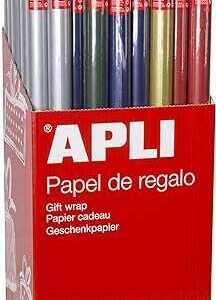 apli expositor de 55 rollos de papel regalo kraft 11 rollos por color medidas del rollo 0.70x2m colores azul oscuro, verde oscuro, rojo, oro y plata