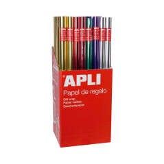 apli expositor de 55 rollos de papel regalo metalizado 11 rollos por color medidas del rollo 0.70x2m colores lila, oro, plata, rojo, verde