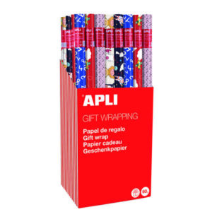 apli expositor de 55 rollos de papel regalo infantil 11 rollos por color medidas del rollo 0.70x2m 5 diseños