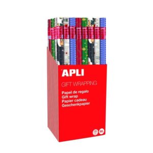 apli expositor de 55 rollos de papel regalo navidad 11 rollos por color medidas del rollo 0.70x2m 5 diseños