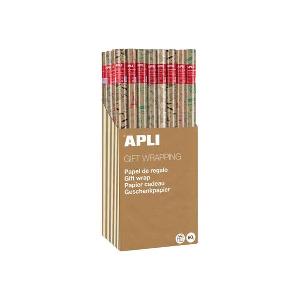 apli expositor de 55 rollos de papel regalo kraft fun 11 rollos por color medidas del rollo 0.70x2m 5 diseños